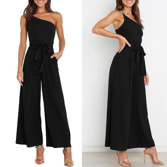 NWOT ANRABESS Dressy One Shoulder Wide-Leg Belted Jumpsuit in Black, Size M - Picture 1 of 4